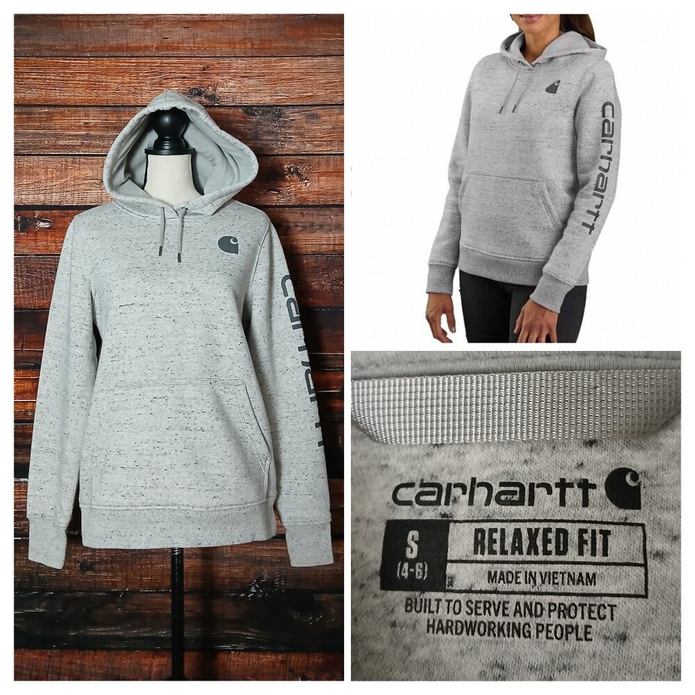 Carhartt Hoodie S Clarksburg Hooded Sweatshirt Gray Graphic Logo Pullover 102791